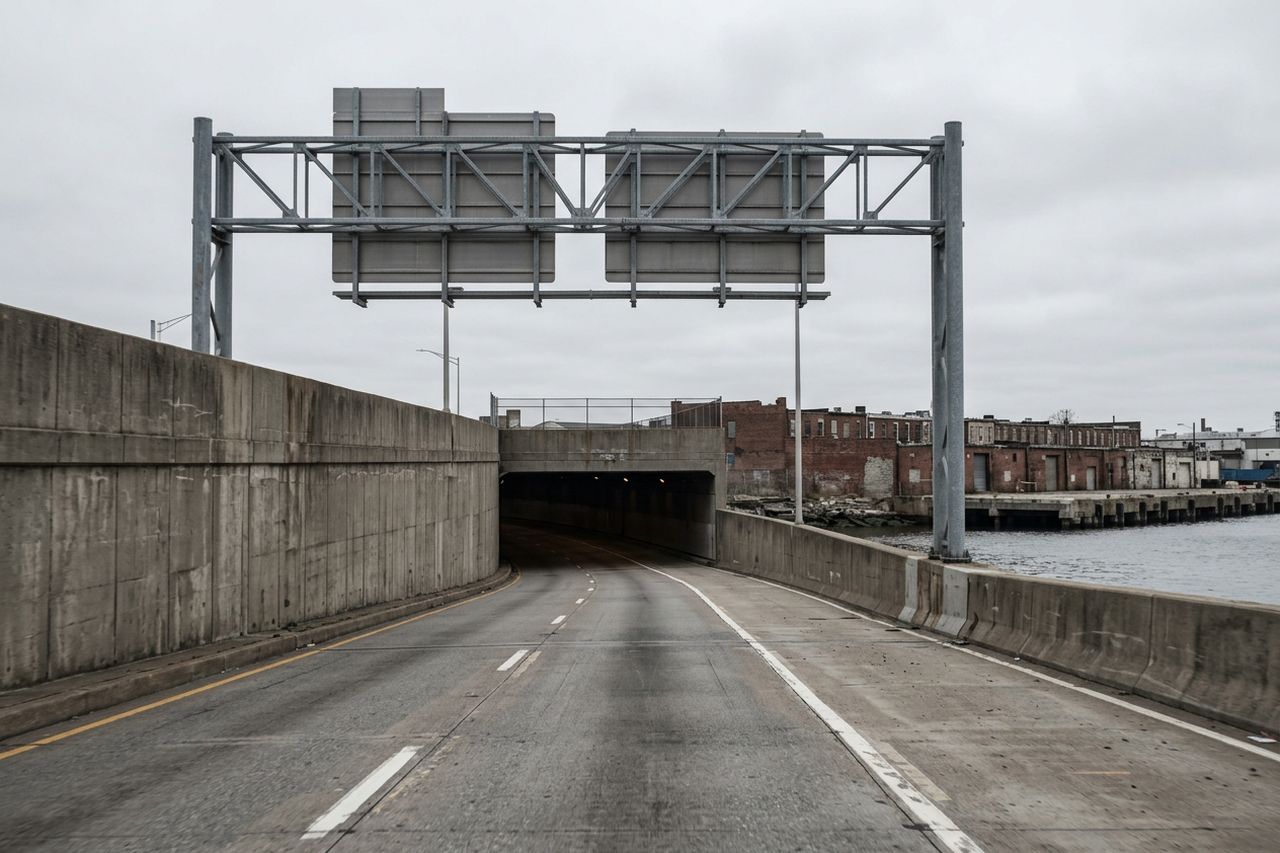 A wide road approach dropping toward a tunnel portal under a grey sky, with lane markings and overhead sign gantries