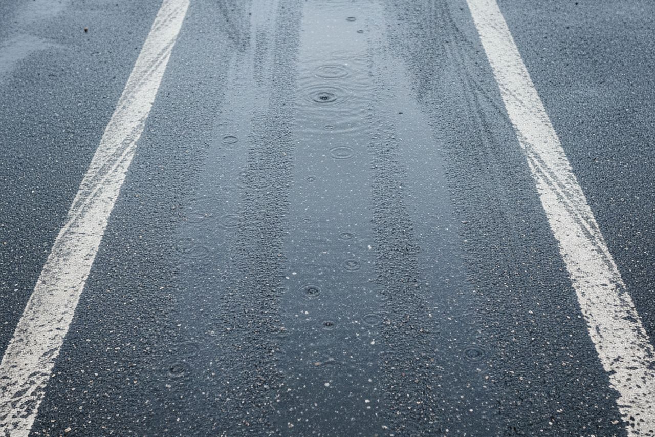 Wet asphalt lane markings after rain, standing water lying between two painted white lines