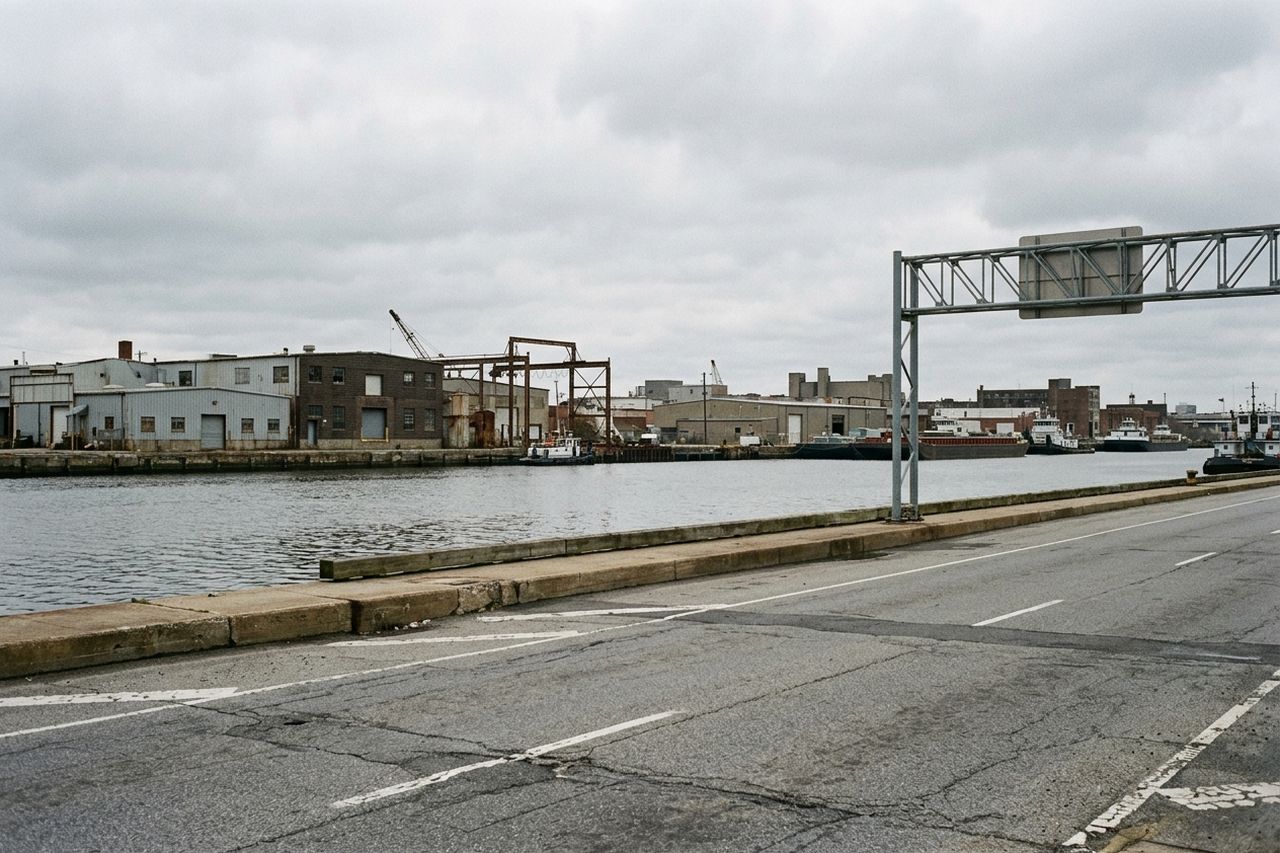 A working waterfront channel on a grey morning, a concrete bulkhead in the foreground and low industrial sheds on the far bank